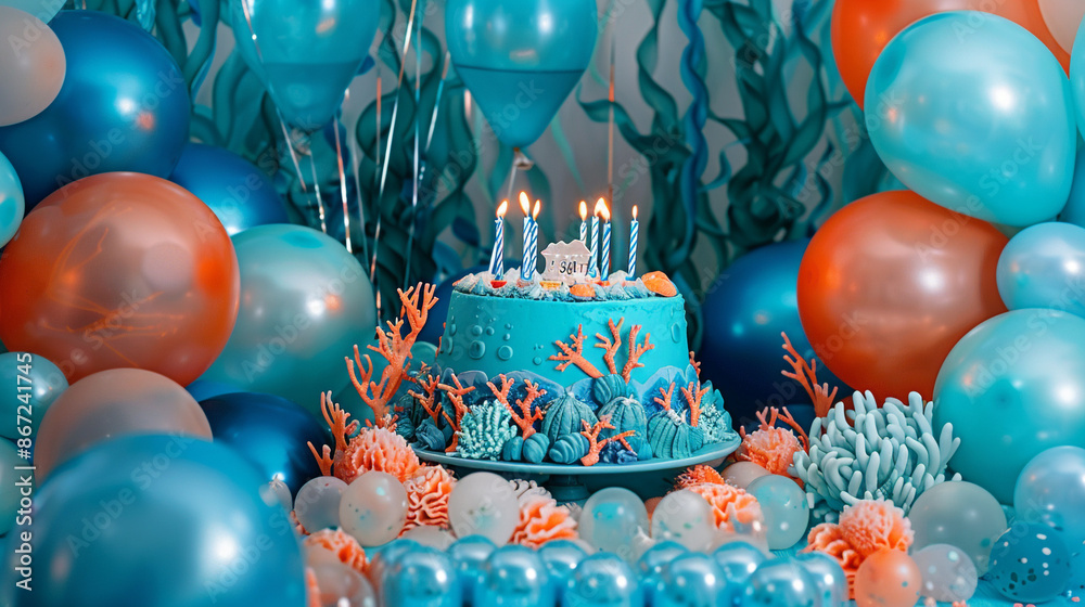 Wall mural an underwater atlantis palace-themed birthday bash with balloons in shades of ocean blue and coral,