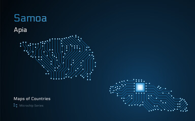 Samoa Map with a capital of Apia Shown in a Microchip Pattern. E-government. World Countries vector maps. Microchip Series	