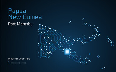 Papua New Guinea, Map with a capital of Port Moresby Shown in a Microchip Pattern. E-government. World Countries vector maps. Microchip Series	