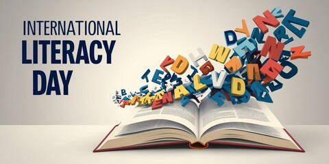 International Literacy Day. The design features an open book with colorful letters and words bursting out, symbolizing the explosion of knowledge and the importance of literacy