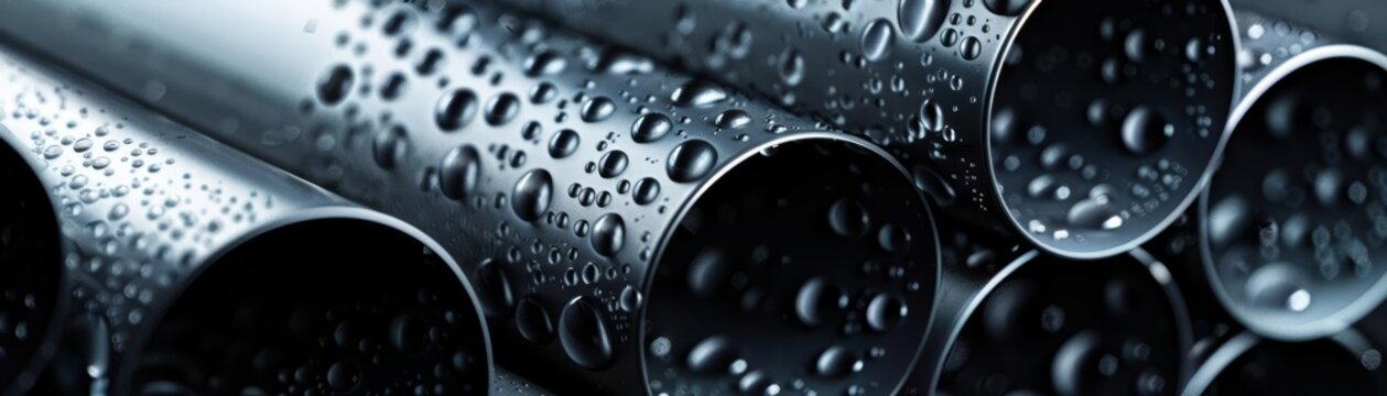 Alumina plastic tubes stacked neatly, metallic textures, high contrast, photo realism
