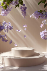 Podium, an empty space for displaying products on a delicate background and flowers
