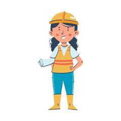 Illustration of Girl Engineer or Architect Holding Blueprint. Inspiring Future Careers for Kids