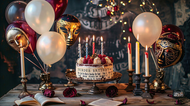 an elegant Shakespearean birthday scene with balloons resembling Renaissance masks,