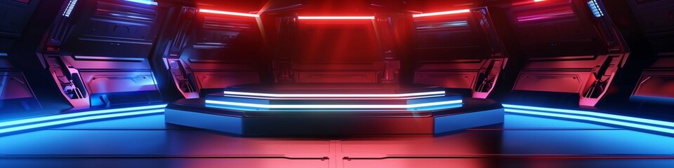 Obraz premium Neon Cyberpunk Sci-Fi Product Podium, 3D Illustration on Futuristic Stage, Generated by AI