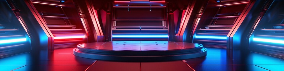 Obraz premium Neon Cyberpunk Sci-Fi Product Podium, 3D Illustration on Futuristic Stage, Generated by AI