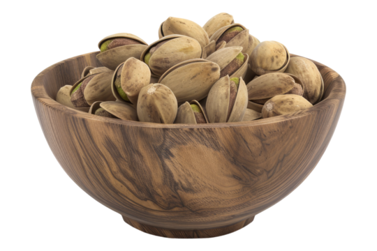 Pistachio in wooden bowl isolated on transparent background