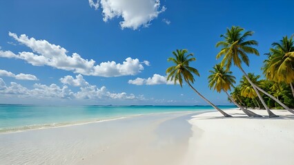 Naklejka premium tropical beach view with bright blue sky and bright sun. There are several tall coconut trees on the white sandy beach, and the sea looks calm with a variety of colors