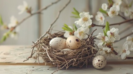 Obraz premium Easter holidays theme bird s nest with quail eggs and spring blossoms on a light wooden backdrop