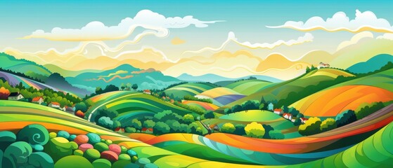 Obraz premium Scenic landscape of rolling green hills, a picturesque village, and a bright blue sky with fluffy white clouds. Concept of countryside, nature, tranquility, and idyllic life.