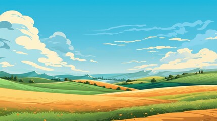 Obraz premium Scenic Summer Landscape of Rolling Hills, Fields and Blue Sky. Idyllic Countryside Illustration