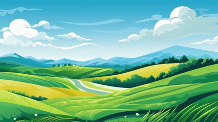 Obraz premium Scenic Landscape Illustration with Rolling Green Hills, Mountains and Blue Sky. Concept of Nature, Summer, Spring, Environment, Travel