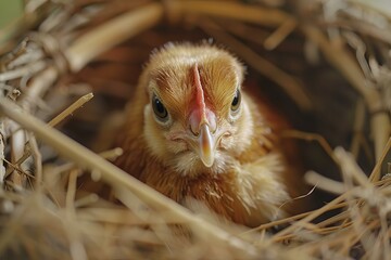 Newborn chick is nestled in its cozy nest, made entirely of twigs