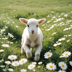 Obraz premium A young cute lamb frolicking in a field of daisies under the spring sun.