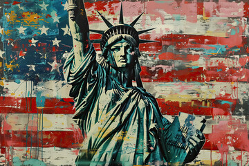 Illustration of the Statue of Liberty holding both the US and UK flags, Independence Day, Patriotic USA 
