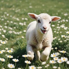 Fototapeta premium A young cute lamb frolicking in a field of daisies under the spring sun.