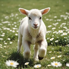 Obraz premium A young cute lamb frolicking in a field of daisies under the spring sun.