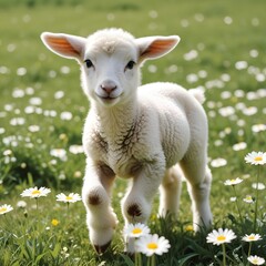 Obraz premium A young cute lamb frolicking in a field of daisies under the spring sun.
