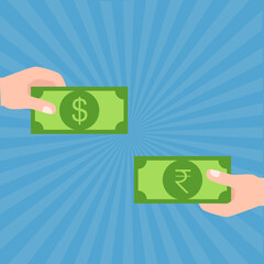 Hand holding money. Give and take of money. Vector illustration in flat style on blue background.