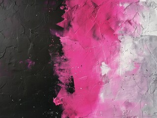 Bold pink brushstrokes merge with a textured black and gray background, creating a vibrant contrast in this abstract expressionist painting. Acrylic medium, dynamic color interplay, rough textures.