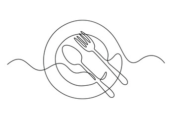 Continuous one line drawing of knife fork and plate decoration for café or kitchen restaurant vector illustration