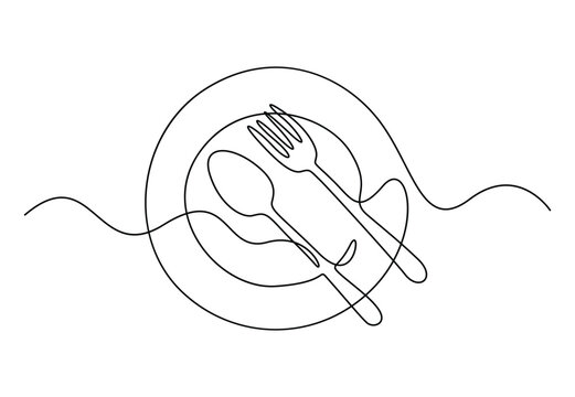 recommend clip art: Continuous one line drawing of knife fork and plate decoration for café or kitchen restaurant vector illustration