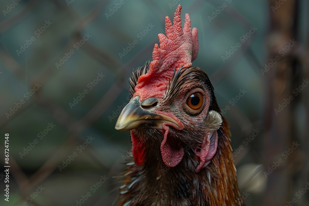 Poster Portrait of a curious hen behind a fence on a farm