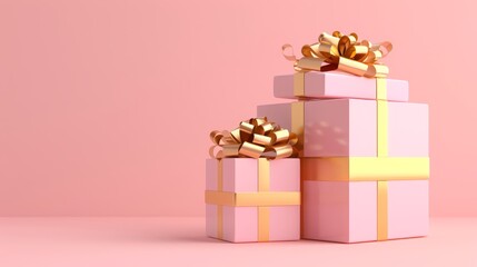 Obraz premium 3D gift boxes with gold ribbon, open and closed, isolated on pink background. Perfect for birthday parties and celebrations.