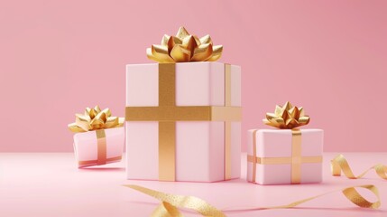 Obraz premium 3D gift boxes with gold ribbon, open and closed, isolated on pink background. Perfect for birthday parties and celebrations.
