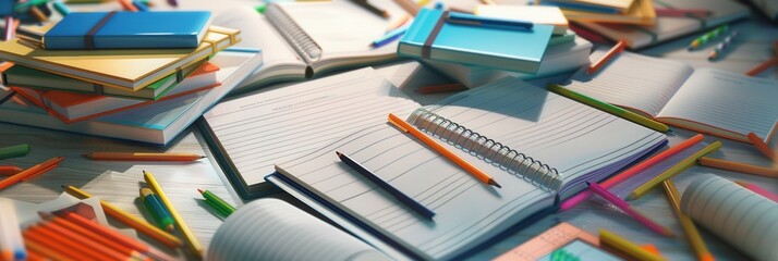 A close-up of a well-organized study desk with open textbooks, notebooks, pens, and pencils. Perfect for tutoring services and educational centers. Generative AI