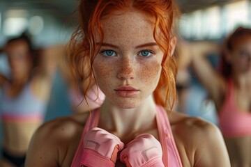 Fierce red-haired female boxer in pink gloves and workout gear, ready for action in a group training session.