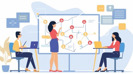 A professional woman guides a project flowchart discussion as part of product development, explaining each strategic step in a team meeting.