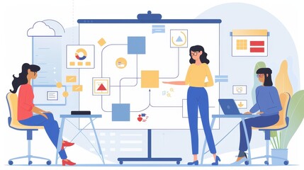 A professional woman guides a project flowchart discussion as part of product development, explaining each strategic step in a team meeting.