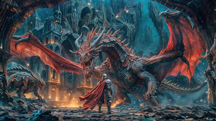 Obraz premium In an artwork of fantasy, a knight and a dragon clash against the backdrop of an ancient city, the creature's menacing teeth and expansive wings dominating the scene.