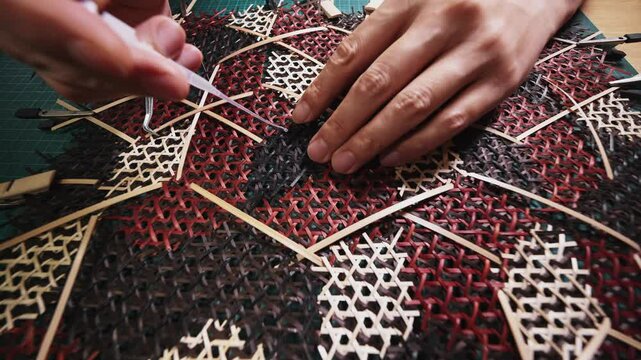 Chinese traditional handicrafts, intangible cultural heritage, bamboo weaving artisans creating bamboo weaving decorative paintings, handicrafts, art