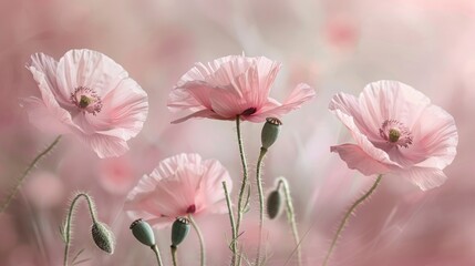 Romantic blooms: Light pink poppy flowers in full bloom with a dreamy, pastel background, capturing their gentle and elegant beauty