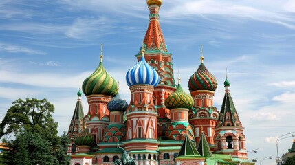 Obraz premium Russian splendor: St. Basil Cathedral in Moscow, with its colorful domes and intricate design, attracting tourists from around the world