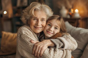 Fototapeta premium Warm-Hearted Grandmother Hugging Grandchild in Cozy Living Room with Joyful Smiles