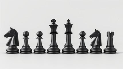 Black Chess Pieces Arranged In A Row Against White Background