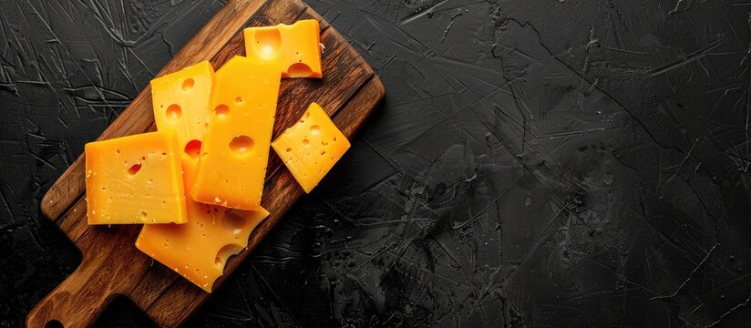 Cheddar Cheese Slices on Wooden Cutting Board with Black Background and Space for text.