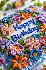 Fototapeta premium A festive birthday card with crocheted flowers, buttons, and 
