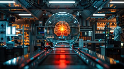 Fototapeta premium An abstract brain scan with a prominent red dot over the temple area, set against a dark background, illustrating a concept related to human intelligence and thought.