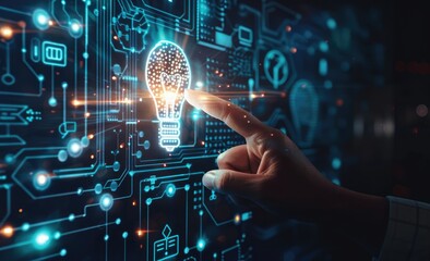 Digital Innovation: A Hand Interacts with a Lightbulb Icon on a Tech Interface