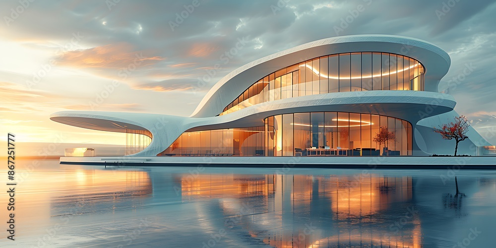 Wall mural 3d render of modern building with reflection on the water at sunset