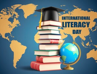 International Literacy Day. A stack of colorful books topped with a graduation cap, symbolizing education and learning. World map and globe highlights global literacy. Perfect for promoting literacy