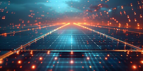 Obraz premium Abstract technology background with glowing particles. Solar panels background. 3d rendering
