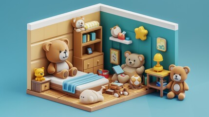 Isometric 3D render of a bear-themed collection room