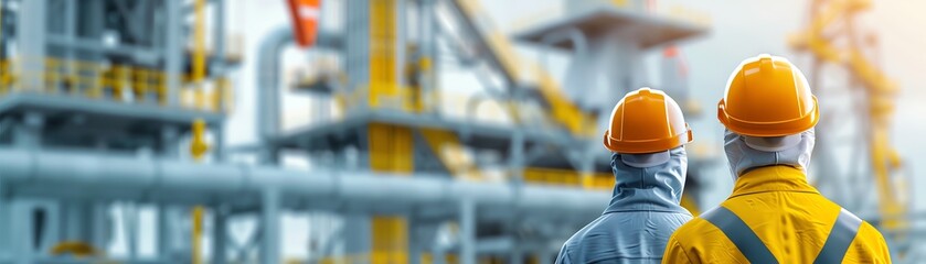Two engineers in hard hats and safety gear inspecting industrial plant complex with pipelines and machinery.