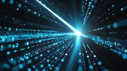 Fototapeta premium Abstract digital background with blue light beams and particles emanating from a central point, representing technology and innovation.