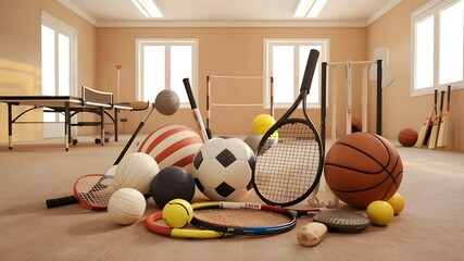 A room with beige walls and a variety of sports equipment.